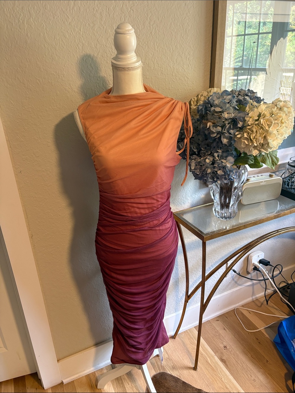 Cider Ombre One-Shoulder Ruched Midi Dress in Orange and Burgundy